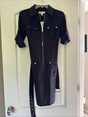 Michael Kors Navy Zip-Front Midi Shirt Dress